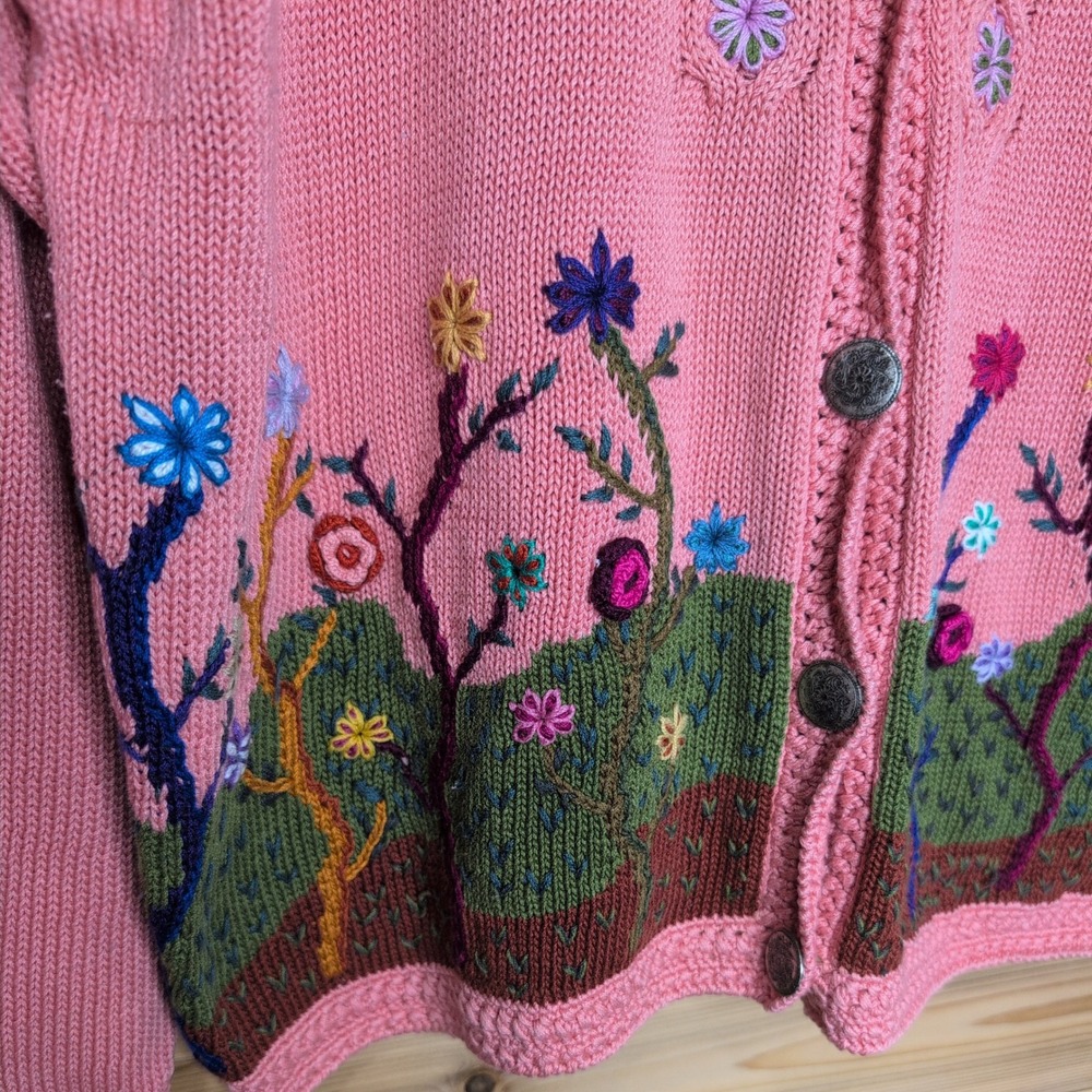 Vintage Caamano Pink Handknit Pima Cotton Floral Garden Cardigan Large - Picture 3 of 10